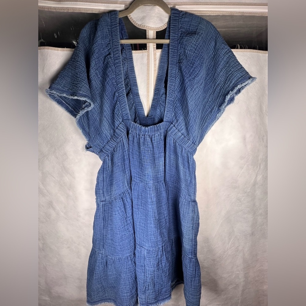 Aerie Gauzy Flutter Sleeve Dress Indigo Wash Size Large - Picture 4 of 6